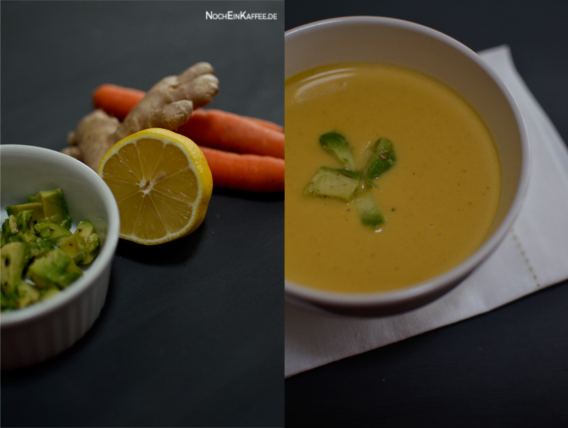 Exotische Karotten-Ingwer-Kokos-Suppe mit Avocadostückchen