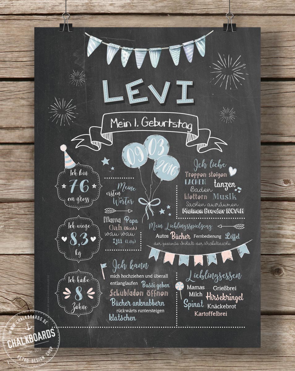 LoveAndLilies.de | Chalkboard zum 1. Geburtstag für Jungen in rauchblau/pfirsich - JETZT KAUFEN bei Chalkboards.de