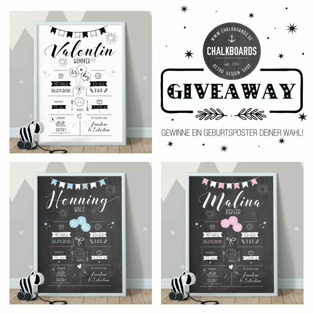 Gewinnspiel, Giveaway, Geburtsposter weiss, Whiteboard, Chalkboard, Babyposter, Poster zur Geburt, Retrodesign