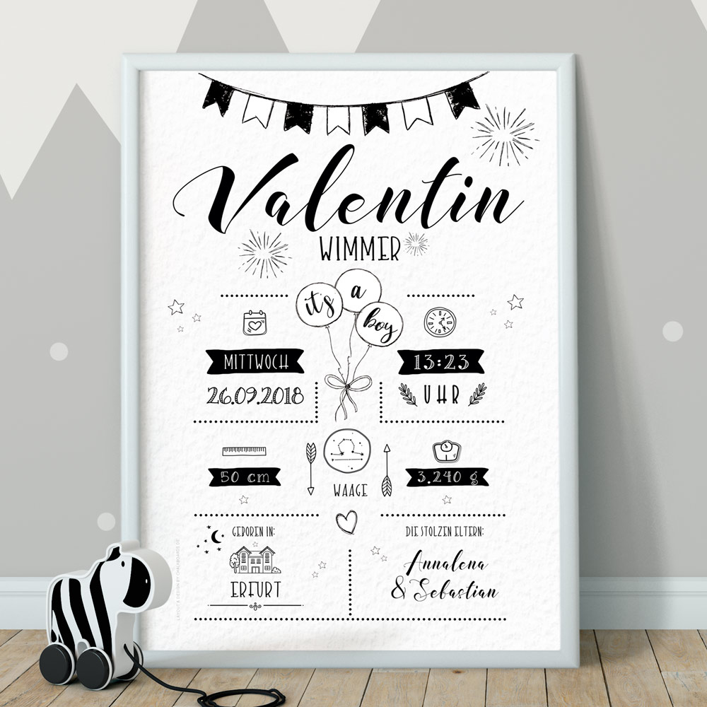 Geburtsposter weiss, Whiteboard, Chalkboard, Babyposter, Poster zur Geburt, Retrodesign